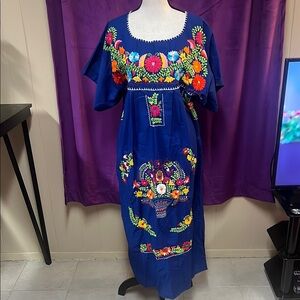 Embroidered Mexican Blue Floral Dress